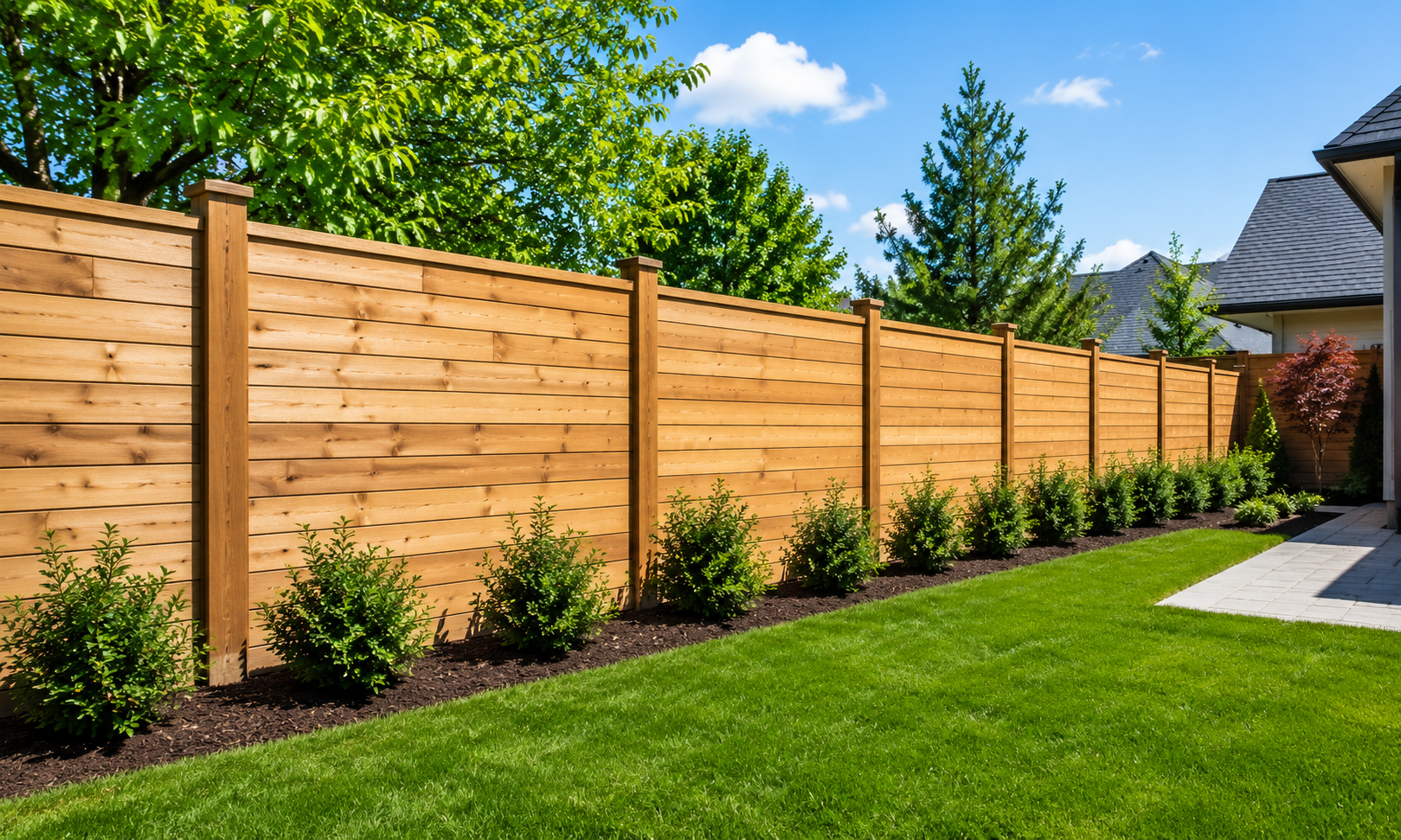 Long wood fence beside a home